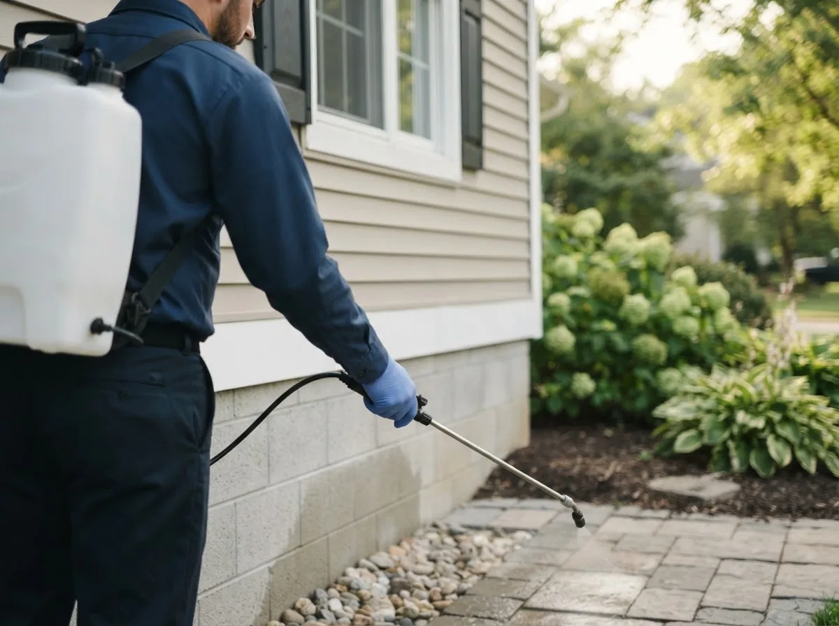 Pest control technician inspecting a home in Ocean Park, ME